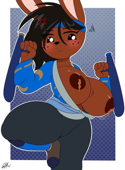 accessory anthro areola big_breasts black_eyes black_hair blush bodily_fluids breasts brown_body brown_nipples candy chocolate chocolate_milk clothed clothing club_(weapon) cross-popping_vein dessert female flavored_milk food freckles hair headband holding_object holding_weapon lactating lactating_chocolate_milk melee_weapon milk motion_lines nightstick nipples raised_leg solo unusual_bodily_fluids unusual_lactation wardrobe_malfunction weapon nr_ac dovonna_(ninjadougie) lagomorph mammal hi_res signature