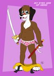 anthro blush bulge clothes_down clothing katana looking_at_viewer male melee_weapon pink_clothing pink_underwear robe samurai scabbard solo sword text underwear warrior weapon doggettdouglasmcdog paws_of_fury:_the_legend_of_hank hank_(paws_of_fury) beagle canid canine canis domestic_dog hunting_dog mammal scent_hound absurd_res hi_res