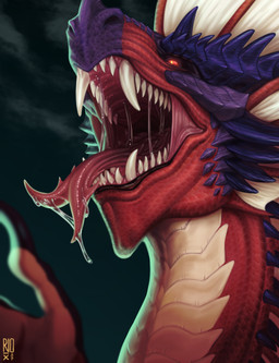 ambiguous_gender big_fangs blue_horn bodily_fluids fangs feral horn logo long_neck mouth_shot open_mouth pupils purple_body purple_scales red_body red_eyes red_scales ridged_horn saliva saliva_on_tongue saliva_string scales simple_background solo tan_body tan_scales teeth three-quarter_view yellow_pupils riorix mythology dragon mythological_creature mythological_scalie scalie 2021 absurd_res artist_logo dated hi_res