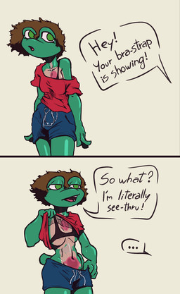 2_panel_comic annoyed anthro bottomwear bra clothed clothed_anthro clothed_female clothing fallopian_tubes female female_anthro fully_clothed fully_clothed_anthro fully_clothed_female guts heart_(organ) internal_organs intestines looking_offscreen lung navel off_shoulder offscreen_character organs ovaries pulling_down_shorts shirt shorts solo speech_bubble stomach surprised t-shirt t-shirt_lift text topwear translucent translucent_body translucent_skin underwear uterus white_void pitta_the_italian bra_strap_showing_(meme) claire_(pitta_the_italian) amphibian frog glass_frog comic english_text meme