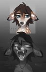 ambiguous_gender anthro black_nose blue_eyes brown_body brown_fur brown_hair dipstick_ears ear_markings ears_down fangs fur hair jewelry looking_at_viewer multicolored_ears necklace open_mouth pivoted_ears solo teeth reysi deer mammal 2024 digital_media_(artwork) signature