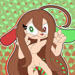 5_fingers ahoge anthro bangs breasts brown_hair eyelashes female fingers floppy_ears green_eyes green_inner_ear hair heterochromia long_hair looking_at_viewer mismatched_ears navel nude pose red_eyes red_inner_ear red_nose solo zoskylicious svempy_t_hoek canid canine canis chihuahua domestic_dog mammal toy_dog 1:1 colored flat_colors hi_res