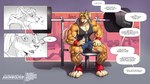 16:9 agonwolfe anthro athletic_wear big_muscles biped bottomwear canid canine canis clothing dialogue digitigrade domestic_dog english_text female gym gym_bottomwear gym_shorts hi_res mammal muscular muscular_female shorts sleeveless_hoodie text weights widescreen