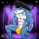 4_fingers abs anthro armband black_hair blue_body blue_scales bulge clothed clothing dorsal_fin fin fingers gills gold_thong hair kneeling male multicolored_body multicolored_scales muscular muscular_anthro muscular_male narrowed_eyes navel nipples on_one_knee pecs pose scales smile solo sparkles sparkling_body spiked_armband spikes teeth thong thong_only topless two_tone_body two_tone_scales underwear underwear_only white_body white_scales fabfelipe street_sharks rox_(street_sharks) fish marine shark 1:1 2022 digital_drawing_(artwork) digital_media_(artwork) hi_res pinup
