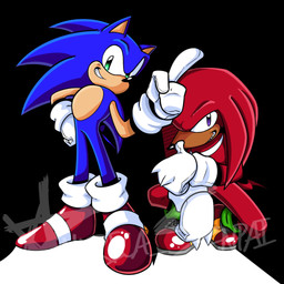 anthro black_background black_nose blue_body clothing duo footwear gesture gloves green_eyes hand_gesture handwear male pointing purple_eyes red_body sharp_teeth shoes simple_background smile spikes teeth white_clothing white_gloves white_handwear america_senpai sega sonic_the_hedgehog_(series) knuckles_the_echidna sonic_the_hedgehog echidna eulipotyphlan hedgehog mammal monotreme 1:1 2021 hi_res