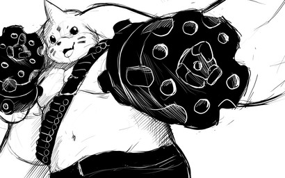 aiming aiming_at_viewer ammo_belt anthro beady_eyes belly gun_arm horn long_ears male musclegut muscular navel pecs smile solo weapon_arm winick-lim bandai_namco digimon digimon_(species) gargomon 16:10 2025 monochrome sketch widescreen