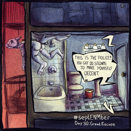 anthro backsack balls bathroom butt claws climbing climbing_through_window cross_section dialogue door feet fire_escape genitals looking_back male police shark_tail shower sink solo speech_bubble tail text toilet trash_can window kittee_mortis septenmber aquatic fish shark 1:1 english_text hi_res