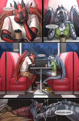 anthro beverage big_penis bodily_fluids bottomwear breasts cafe claws clothed clothed_sex clothing coffee coffee_cup container cum cum_on_feet cum_on_leg cum_on_table cup date_night dialogue duo ejaculation feet female foot_fetish foot_play footjob footwear furniture genital_fluids genitals glass green_eyes hair horn knot knotted_penis male male/female multicolored_body night non-mammal_breasts orange_eyes penile penis public public_sex sex shirt shoes shorts smile smiling_at_another smiling_at_each_other smiling_at_partner smiling_at_viewer sofa speech_bubble t-shirt tail text toe_claws topwear under_table under_table_footjob unzipped_shorts white_hair window wings blackrabbit-13 conditional_dnp mythology danya_(danym) dragon mythological_creature mythological_scalie scalie absurd_res comic english_text hi_res