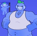 2024 anthro big_muscles biookiee biped blue_body body_hair chest_hair clothing discord_(app) domestic_pig male mammal muscular muscular_anthro muscular_male overweight overweight_anthro overweight_male reference_image shirt solo suid suina sus_(pig) tank_top topwear white_clothing white_shirt white_tank_top white_topwear wumpus