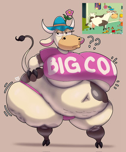 anthro belly big_belly big_breasts breasts clothing female flower hat headgear headwear horn huge_breasts navel overweight overweight_female plant shirt solo tail thick_thighs thong topwear underwear white_body crowundeadcat bovid bovine cattle mammal hi_res