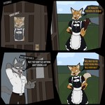 1:1 2024 absurd_res anthro balthy_(suitedwolfie) canid canine canis clothed clothing comic crossdressing dialogue digital_drawing_(artwork) digital_media_(artwork) duo english_text femboy fully_clothed fur grey_body grey_fur hi_res humor maid_uniform male mammal orange_body orange_fur pun speech_bubble suitedwolfie talking_to_another text uniform wolf