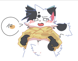 anthro black_ear_tips black_hands black_tail blush blush_lines clothing dipstick_ears ear_markings fur grey_body grey_fur hands_on_sides holding_clothing holding_object holding_shirt holding_topwear looking_at_viewer looking_down male multicolored_body multicolored_ears multicolored_fur navel open_mouth shirt simple_background solo speech_bubble tail text topwear two_tone_body two_tone_fur white_background white_body white_fur white_tail yellow_clothing yellow_shirt yellow_topwear young ranshinumeda334 zelnodo domestic_cat felid feline felis mammal 2025 japanese_text translated