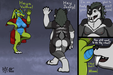 breasts butt clothing dialogue fangs female genitals leaning male nipples nude robe sabertooth_(anatomy) smile standing tail teeth text vulva wave jazovyx mythology jazovyx_(character) ventus_tsuma_kaze bear dragon hybrid mammal mythological_creature mythological_scalie scalie 3:2 english_text hi_res