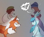 angry anthro argument dialogue female feral group jewelry male male/female pendant smug smug_face speech_bubble standing stare text yelling yelling_at_another tad_shummar_(artist) instant_loss_2koma nintendo pokemon dusk_lycanroc eeveelution generation_4_pokemon generation_7_pokemon glaceon human lycanroc mammal pokemon_(species) hi_res