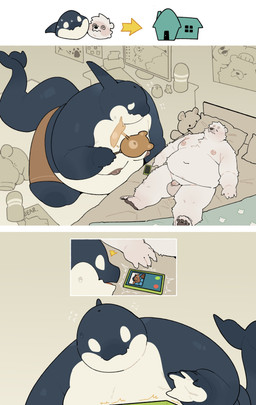 anthro bed bedroom belly big_belly big_moobs big_tail black_body black_skin blowhole blush bodily_fluids brown_nipples butt clothed clothing detailed_background dripping duo electronics emanata fanning fin fingers fish_tail frown fur furniture genital_fluids genitals heart_symbol huge_belly huge_thighs iconography kneeling larger_male long_tail lying lying_on_bed male male/male messy moobs multicolored_body multicolored_skin navel nipples nude obese obese_anthro obese_male on_back on_bed on_front on_top open_mouth overweight overweight_anthro overweight_male penetration penile phone pink_nipples ringing_phone sex shocked size_difference smaller_male spiral spiral_eyes tail thick_thighs three_frame_image two_tone_body two_tone_skin unconscious vowelless white_body white_fur worried quanjiang aquatic bear cetacean dolphin mammal oceanic_dolphin orca polar_bear scalie toothed_whale ursine 2025 absurd_res colored comic digital_drawing_(artwork) digital_media_(artwork) hi_res