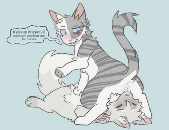 blue_eyes bodily_fluids circle_eyebrows cunnilingus dialogue duo eyebrows eyelashes eyes_closed facesitting female female/female feral feral_on_feral fur gloves_(marking) grey_body grey_fur inner_ear_fluff intraspecies leg_markings looking_at_another looking_at_partner markings oral pawpads pink_inner_ear pink_nose pink_pawpads sex sitting sitting_on_another smile socks_(marking) speech_bubble striped_markings stripes text toony tuft vaginal white_inner_ear_fluff littleperrito warriors_(book_series) dovewing_(warriors) ivypool_(warriors) domestic_cat felid feline felis mammal 2026 english_text hi_res incest_(lore) sibling_(lore) sister_(lore) sisters_(lore)