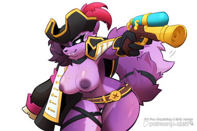 anthro belt big_breasts big_tail black_sclera breasts clothed clothing dipstick_tail eye_patch eyelashes eyewear female fluffy fluffy_tail fur genitals gloves hair handwear jacket leg_strap long_hair markings nipples partially_clothed pirate_hat pirate_outfit purple_body purple_fur purple_hair purple_nipples purple_tail smile solo tail tail_markings tail_strap teeth text thick_thighs topwear toy toy_gun vulva water_gun white_eyes a-hunt skylar_(sfox) canid canine fox mammal absurd_res hi_res url