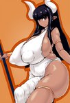 armlet big_breasts big_bulge biped black_eyes black_hair breasts bulge clothed clothing detailed_bulge dress erection erection_under_clothing genital_outline genitals glistening glistening_body glistening_skin gynomorph hair half-erect holding_object holding_staff horn huge_breasts huge_bulge humanoid_hands humanoid_pointy_ears hyper hyper_genitalia intersex long_hair looking_at_viewer monotone_hair nipple_outline not_furry orange_background penis penis_outline side_boob side_view simple_background slightly_chubby solo staff standing tan_body tan_skin tenting thick_thighs tight_clothing white_clothing white_dress wide_hips kanon_(148bpm) demon horned_humanoid humanoid mammal hi_res