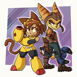 anthro belt boots brown_body brown_hair clothing duo eyebrows eyelashes female footwear gloves green_eyes hair handwear headgear headwear magenta_eyes male omniwrench shoes smile striped_body stripes whiskers yellow_body yellow_sclera kunesco gameoverse glitch_productions ratchet_and_clank sony_corporation sony_interactive_entertainment kit_bodega ratchet_(ratchet_and_clank) domestic_cat felid feline felis lombax mammal 2026 hi_res