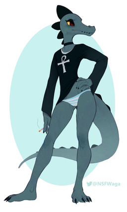 4_toes 5_fingers ankh anthro barefoot black_clothing black_eyelids black_eyeshadow black_shirt black_topwear blue_body bottomwear breasts choker cigarette claws clothed clothing eyelashes eyeshadow feet female fingers front_view grey_body grey_skin hand_on_hip holding_cigarette holding_object jewelry long_sleeves long_snout looking_aside looking_away makeup necklace panties partially_clothed pattern_bottomwear pattern_clothing pattern_panties pattern_underwear plantigrade red_eyes shirt skinny skinny_anthro skinny_female sleeves slim slim_anthro slim_female small_breasts snout solo standing striped_bottomwear striped_clothing striped_panties striped_underwear stripes tail thick_tail toe_claws toes topwear underwear w4g4 night_in_the_woods bea_santello alligator alligatorid crocodilian reptile scalie 2022 absurd_res full-length_portrait hi_res portrait