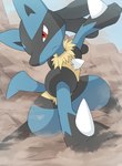 ambiguous_gender anthro biped black_body blue_body frown fur red_eyes solo tan_body tan_fur rumine nintendo pokemon generation_4_pokemon lucario pokemon_(species) hi_res