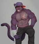 abs anthro bandage bandaged_arm clothed clothing hat headgear headwear looking_at_viewer male muscular muscular_anthro muscular_male nipples scar solo tongue tongue_out topless track_pants cuson felid mammal pantherine hi_res