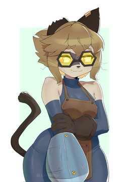 anthro apron bodily_fluids bodysuit breasts clothing eyewear fangs female glasses gloves goggles handwear medium_breasts missing_ear one_fang simple_background skinsuit solo sweat sweatdrop tail teeth thick_thighs tight_clothing wide_hips juniidesu gameoverse glitch_productions scratch_(gameoverse) domestic_cat felid feline felis mammal hi_res
