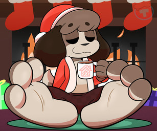 3_toes anthro beverage big_feet black_nose brown_body brown_fur candy chocolate christmas_clothing christmas_headwear christmas_present christmas_stocking clothed clothing container cup dessert eyes_closed feet fireplace food foot_fetish foot_focus freckled_face freckles fur gift hat headgear headwear holding_container holding_cup holding_mug holding_object holidays hot_chocolate male mug open_clothing open_shirt open_topwear pajamas rug santa_hat shirt sitting sitting_on_ground solo tan_body tan_fur tan_soles toes topwear mintytempest animal_crossing christmas nintendo digby_(animal_crossing) canid canine canis domestic_dog mammal shih_tzu toy_dog 2025 6:5 absurd_res digital_drawing_(artwork) digital_media_(artwork) english_description hi_res
