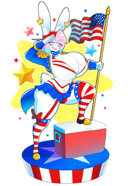 5_fingers american_flag american_flag_clothing american_flag_thigh_highs anthro backwards_baseball_cap backwards_hat baseball_cap big_breasts blue_bottomwear blue_clothing blue_eyes blue_hair blue_skirt bottomwear bow_tie breasts bulge chest_tuft cleavage clothed clothing cooler eye_through_hair eyebrow_through_hair eyebrows eyelashes eyelashes_through_hair fingers flag flag_(object) fur furgonomic_baseball_cap furgonomic_hat furgonomic_headwear furgonomics gesture gynomorph hair hat headgear headwear holding_flag holding_object holidays huge_breasts inner_ear_fluff intersex long_ears looking_at_viewer multicolored_eyes multicolored_hair open_mouth open_smile pattern_background pink_eyes pink_hair red_baseball_cap red_clothing red_thong red_underwear salute scut_tail short_tail simple_background skirt smile solo star-shaped_background tail thong topwear translucent translucent_hair tuft two_tone_eyes two_tone_hair underwear united_states_of_america white_body white_clothing white_fur white_topwear theycallhimcake 4th_of_july pb_(theycallhimcake) lagomorph leporid mallkin mammal rabbit 2025 absurd_res digital_drawing_(artwork) digital_media_(artwork) english_description full-length_portrait hi_res portrait busty_boy_(lore) male_(lore)