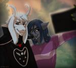 anthro black_nose blue_hair blue_tongue blurred_background clothed clothing duo female fur hair male selfie smile standing teeth tongue white_body white_fur white_hair entsk undertale undertale_(series) asriel_dreemurr_(god_form) boss_monster_(undertale) bovid canid canine caprine mammal