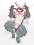 abs anthro areola briefs bulge bunny_costume bunny_hood bunny_hoodie bunny_underwear clothing costume crop_top detailed_bulge fake_ears fake_rabbit_ears fur genital_outline grey_body grey_fur looking_at_viewer male multicolored_body multicolored_fur muscular muscular_anthro muscular_male penis_outline pink_clothing shirt sideways-pointing_bulge solo topwear two_tone_body two_tone_fur underwear jrjresq beastars legoshi_(beastars) canid canine canis mammal wolf 2024 3:4 hi_res