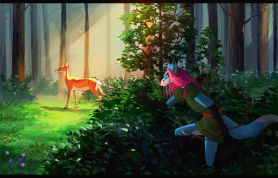 anthro archer arrow_(weapon) biped black_body black_fur blue_tail bow_(weapon) clothing duo feral forest fur gloves_(marking) hair hunter hunting leg_markings light male markings multicolored_body multicolored_fur nature outside pink_hair plant quadruped quiver_(object) ranged_weapon shirt socks_(marking) summer sun tail topwear tree tunic two_tone_tail weapon white_body white_fur white_tail linn_686 nyaaa_foxx canid canine deer fox mammal