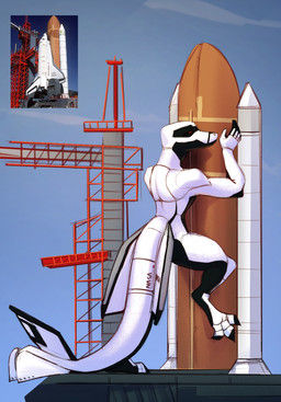 aircraft anthro bedroom_eyes black_body leaning_on_object looking_at_viewer machine male muscular muscular_male narrowed_eyes photo raised_leg rocket seductive shuttle solo standing tail vehicle white_body conditional_dnp shido-tara aeromorph living_aircraft living_machine living_vehicle hi_res