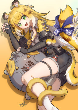 animal_ears belt black_clothing blonde_hair breasts cleavage clothed clothing collared_shirt dress_shirt female fluffy green_eyes hair jacket looking_at_viewer open_clothing open_jacket open_mouth open_topwear orange_hair shirt solo striped_hair tail topwear white_hair astartlink mihoyo zenless_zone_zero ju_fufu animal_humanoid felid felid_humanoid humanoid mammal mammal_humanoid pantherine pantherine_humanoid thiren tiger_humanoid absurd_res hi_res