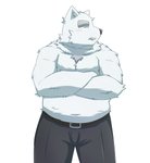 anthro belly blush bottomwear clothing fur kemono male pants simple_background slightly_chubby solo white_background white_body white_fur emufu canid canine canis domestic_dog mammal 2014 hi_res