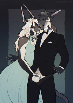 anthro balls biped breasts chastity_cage chastity_device claws clothed clothed_anthro clothed_female clothed_male clothing duo female fingers front_view genitals hair male simple_background smile standing tail teeth thalislixeon acrador 2026 digital_drawing_(artwork) digital_media_(artwork) hi_res