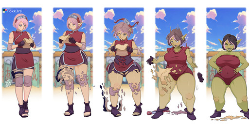big_breasts black_hair breast_expansion breasts clothing cloud ear_expansion expansion female footwear green_eyes hair hand_on_hip holding_object holding_paper human_to_humanoid humanoid_pointy_ears not_furry outside paper pink_hair pointy_ears red_clothing shoes shrinking size_transformation smile solo species_transformation standing surprised thigh_expansion torn_clothing transformation ed-fokk3r naruto sakura_haruno goblin human humanoid mammal 2023 digital_media_(artwork) hi_res sequence