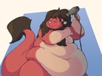 anthro belly big_belly biped black_hair eyebrows eyes_closed fur geometric_background hair male mane moobs multicolored_body multicolored_fur nude obese obese_anthro obese_male overweight overweight_anthro overweight_male red_body red_fur simple_background smile solo standing tail tail_tuft thick_tail tuft two_tone_body two_tone_fur catarsi lioen felid lion mammal pantherine 2021