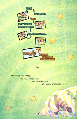 anthro dandelion dialogue duo fantasy flower hand_holding kite_tower male narration nonsexualized_young outside plant wind fek the_sparks_of_daybreak fekkri_talot rikken_talot catfolk absurd_res comic hi_res