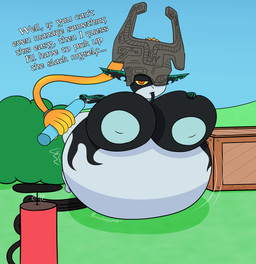 air_inflation air_pump areola belly belly_expansion big_areola big_belly big_breasts black_body black_ears black_skin blue_areola blue_body blue_markings blue_nipples blue_skin body_inflation box breast_expansion breast_squish breasts container dialogue expansion female fused_shadow grey_helmet hair hand_on_breast hand_on_own_breast helium_tank hose hose_in_butt hose_in_mouth hose_inflation huge_areola huge_belly huge_breasts humanoid_pointy_ears hyper hyper_belly hyper_breasts hyper_inflation inflation looking_at_viewer lying markings motion_lines multicolored_body nipples not_furry on_front onomatopoeia orange_hair outside plant pointy_ears prehensile_hair red_eyes shrub solo sound_effects squish swelling talking_to_viewer text two_tone_body unimpressed yellow_sclera justafallenwaffle nintendo the_legend_of_zelda twilight_princess midna humanoid imp twili 2022 absurd_res cel_shading colored digital_media_(artwork) english_text hi_res shaded signature