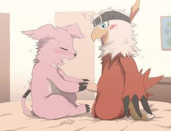 balls bed belt black_belt blue_eyes blush bodily_fluids condom door duo embarrassed erection eyes_closed fangs feathers female fur furniture genitals happy inside kneeling kneeling_on_bed male male/female on_bed open_mouth pink_body pink_fur putting_on_condom red_feather sexual_barrier_device side_view sitting sitting_on_bed sweat tail teeth wearing_condom white_body white_feathers white_fur ptkd bandai_namco digimon digimon_(species) gazimon hawkmon 2025