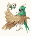 ambiguous_gender beak brown_body brown_feathers duo feathered_wings feathers feet feral green_body green_feathers pseudo_clothing simple_background talons toes white_background wings 12takase14 nintendo pokemon avian bird decidueye generation_7_pokemon pokemon_(species) rowlet 2016 hi_res