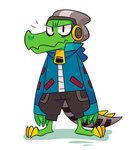 3_toes 4_fingers beanie bottomwear claws clothing cybernetics electronics feet fingers hat headgear headphones headwear hoodie long_tail looking_at_viewer machine metal_tail pants prosthetic solo tail toes topwear zipper ionicisaac lethal_league latch crocodile crocodilian reptile scalie