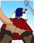 anthro anus biped blue_hair bottomless bottomwear bus_stop butt can clothed clothing container corset female fur genital_focus genitals gradient_background hair legwear lingerie low-angle_view mottled no_underwear piebald pleated_skirt pussy pussy_focus simple_background skimpy skirt sky solo stockings tail tail_under_skirt tail_upskirt tan_body tan_fur text thigh_highs topwear upskirt worm's-eye_view seff_(artist) kloe_kitty domestic_cat felid feline felis mammal artist_collaboration digital_media_(artwork) hi_res japanese_text sketch translation_request