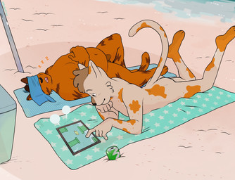 anthro beach beverage black_nose butt casual_nudity clothing duo freckles fur fuzzy fuzzy_tail hat headgear headwear lying male male_anthro nude on_back on_front open_mouth orange_body orange_fur overweight overweight_male pompadour public public_nudity sleeping slim smile snoring soda sound_effects sun_hat tablet towel vowelless vowelless_sound_effect white_body white_fur zzz p_rindustries flappy_bird osmond_(p_rindustries) wilt_(p_rindustries) domestic_cat felid feline felis mammal 2026 signature