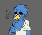 anthro blue_body blue_feathers chest_tuft clothing dialogue eyebrows eyewear feathers fluffy fluffy_chest glasses half-closed_eyes male narrowed_eyes nerd question question_mark raised_eyebrow smug solo teasing teasing_viewer tuft wardrobe_malfunction roccorox deltarune undertale_(series) berdly avian bird