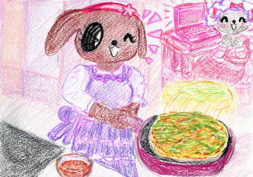 accessory anthro apron black_eyes bow_(feature) bow_ribbon brown_body brown_fur clothing computer container cookware detailed_background dress duo electronics eyelashes eyes_closed female flower frilly frying_pan fur glass glass_container grey_body grey_fur hair_accessory hairband holding_frying_pan kitchen kitchen_utensils laptop long_sleeves one_eye_closed open_mouth plant purple_apron purple_clothing red_clothing red_dress sitting standing tools vegetable_pancake wink tomohirosibuyahappyanimals canid canine canis domestic_dog mammal crayon_(artwork) hi_res traditional_media_(artwork)