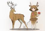 2019 accessory adolescent animal_humanoid antlers apple biped blush bottomwear brown_body brown_bottomwear brown_clothing brown_eyes brown_hair brown_shirt brown_skirt brown_tail brown_theme brown_topwear clothed clothing curious deer deer_humanoid digital_drawing_(artwork) digital_media_(artwork) duo eye_contact eyelashes female feral food footwear frown fruit full-length_portrait fully_clothed hair hair_accessory hairclip hatching_(art) holding_food holding_object horn humanoid iceeye_ena japanese kemono_friends knock-kneed legwear light_body light_skin looking_at_another low_res male mammal mammal_humanoid melee_weapon mule_deer mule_deer_(kemono_friends) necktie new_world_deer open_frown open_mouth plant pleated_skirt polearm portrait quadruped shaded shadow shirt shoes short_hair short_tail simple_background skirt socks standing tail tan_body tan_skin thigh_highs thigh_socks topwear weapon white_background white_horn young