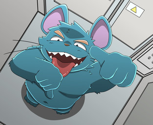 4_fingers anthro blue_body elevator fingers humanoid_hands kemono male navel open_mouth slightly_chubby solo tongue tongue_out letter_route mammal mouse murid murine rodent 2025 hi_res