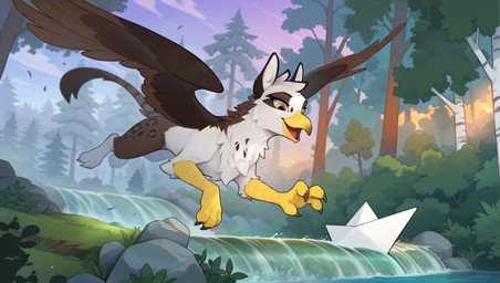 ambiguous_gender beak claws day feathers feet feral forest front_view fur outside plant smile solo spots tail toes tongue tree wings yakovlev-vad mythology avian gryphon mythological_avian mythological_creature 2026 absurd_res digital_drawing_(artwork) digital_media_(artwork) hi_res